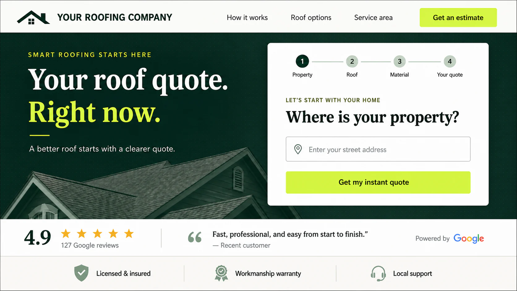 Standalone branded HD Instant Roof Quote website example